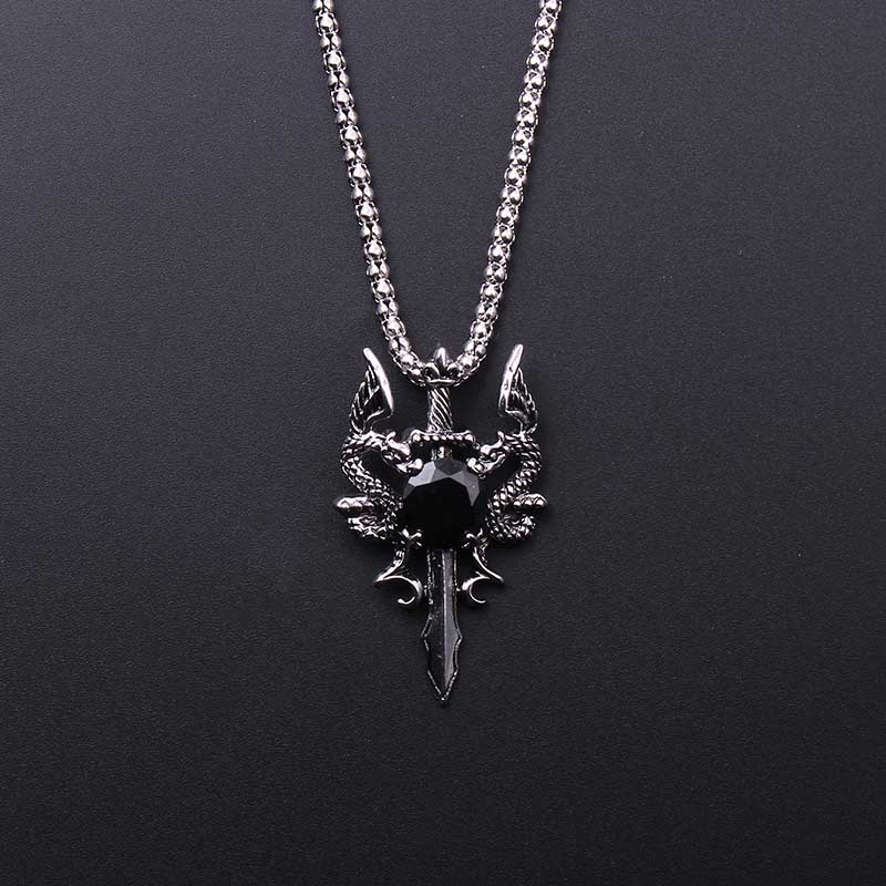 Men'S Accessories Jewelry - Kalung Salib Permata Hitam Naga Ganda